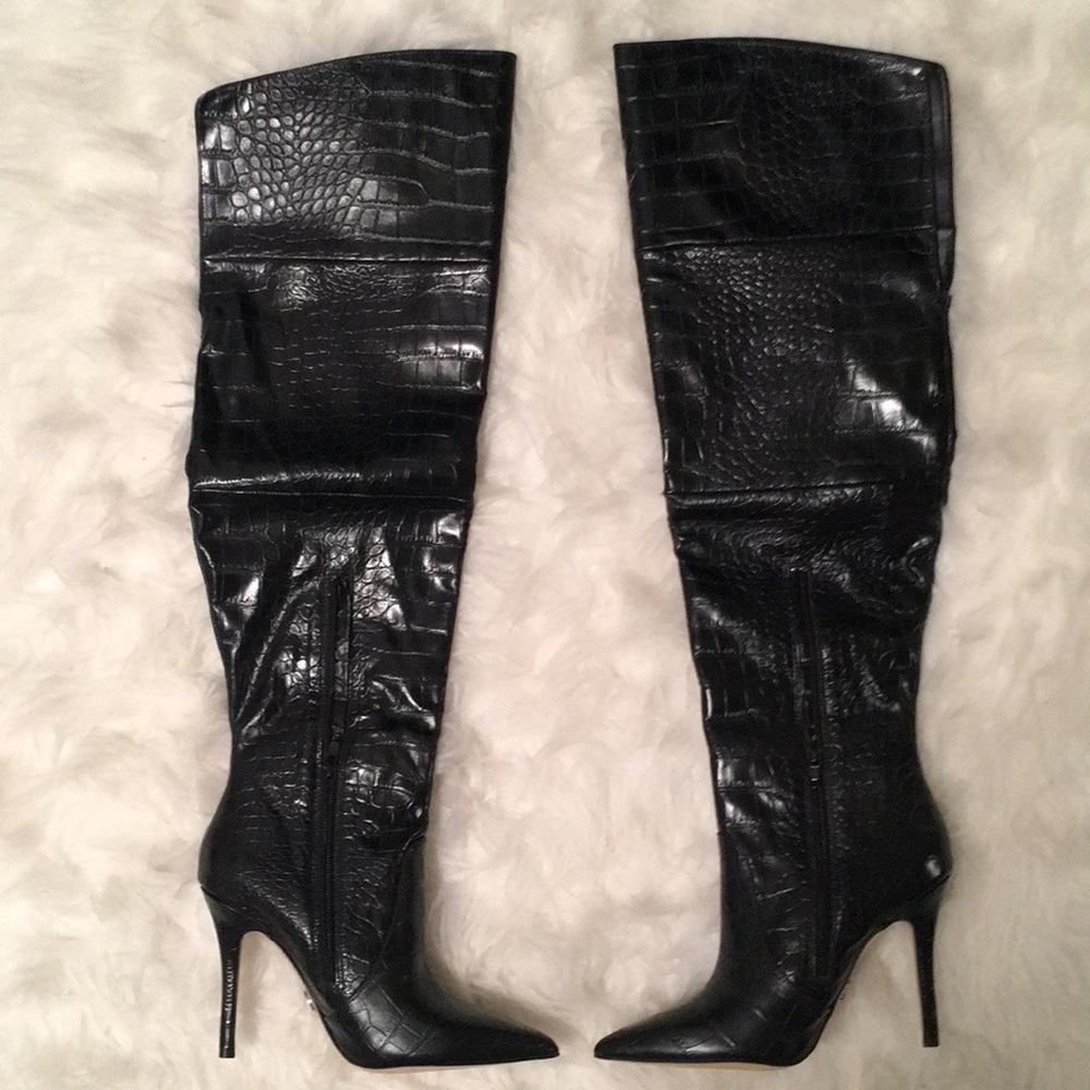 Thigh high faux snakeskin boots